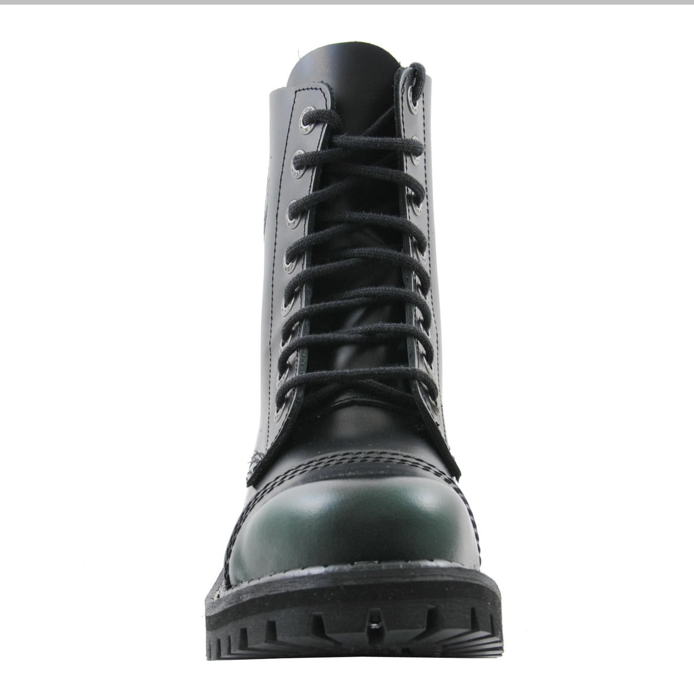 Angry Itch 8 Eyelet Boots with Steel Toe Cap Green Rub Off Leather Front