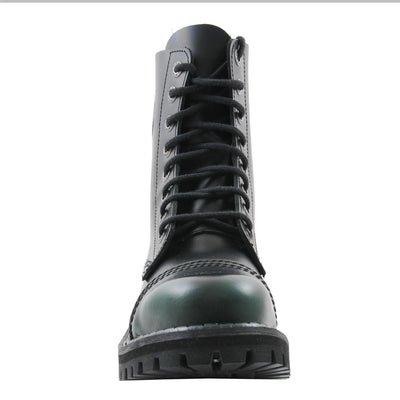 Angry Itch 8 Eyelet Boots with Steel Toe Cap Green Rub Off Leather Front