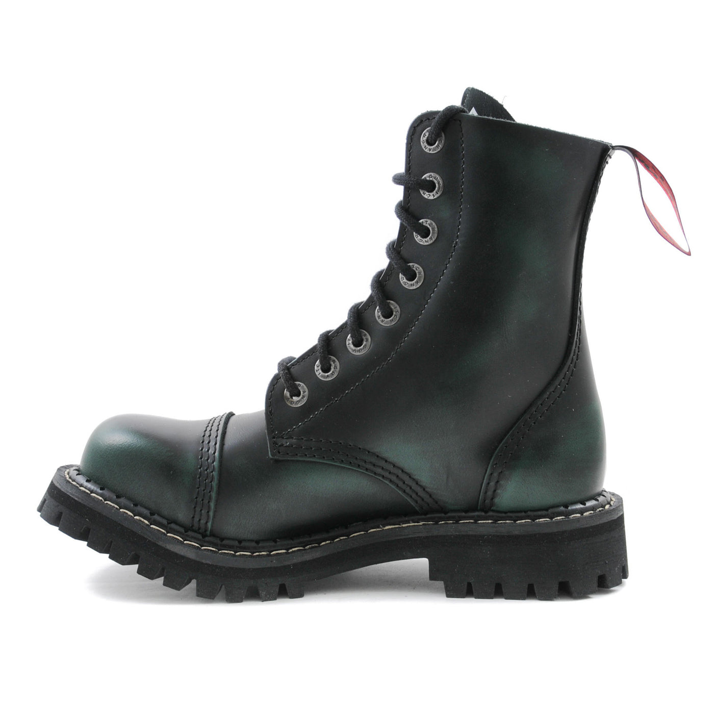 Angry Itch 8 Eyelet Boots with Steel Toe Cap Green Rub Off Leather Left Side