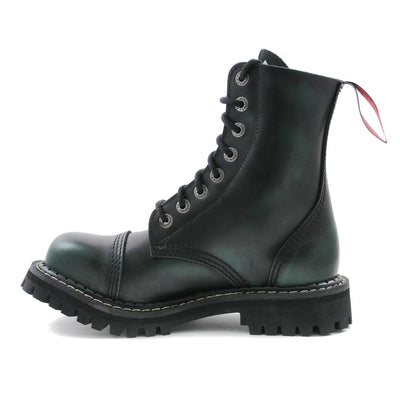Angry Itch 8 Eyelet Boots with Steel Toe Cap Green Rub Off Leather Left Side