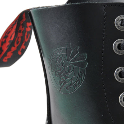 Angry Itch 8 Eyelet Boots with Steel Toe Cap Green Rub Off Leather Logo Closeup