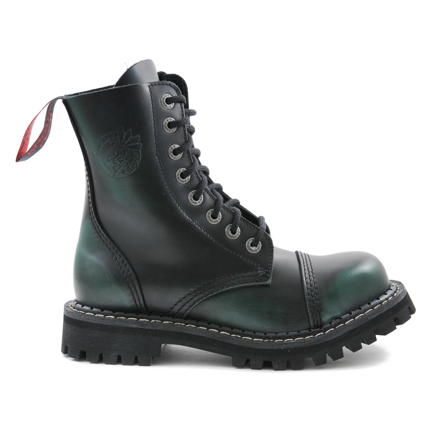 Angry Itch 8 Eyelet Boots with Steel Toe Cap Green Rub Off Leather Right Side
