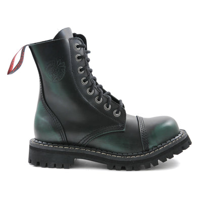 Angry Itch 8 Eyelet Boots with Steel Toe Cap Green Rub Off Leather Right Side