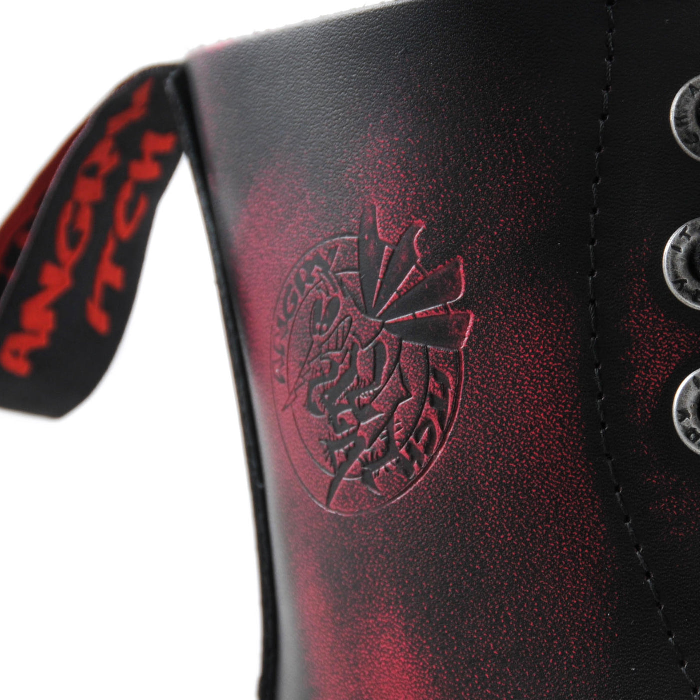 Angry Itch 8 Eyelet Boots with Steel Toe Cap Pink Rub Off Leather Logo Closeup