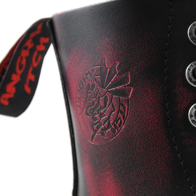Angry Itch 8 Eyelet Boots with Steel Toe Cap Pink Rub Off Leather Logo Closeup
