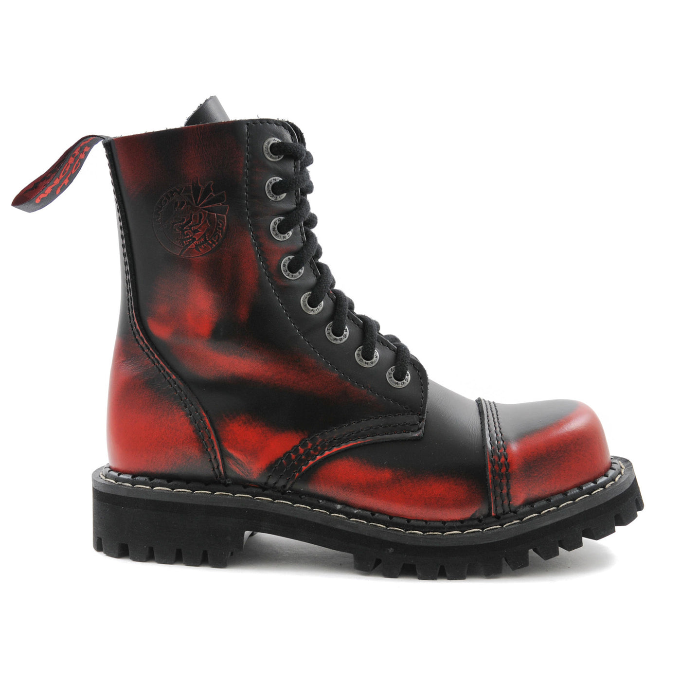 Angry Itch 8 Eyelet Boots with Steel Toe Cap Red Rub Off Leather Right Side