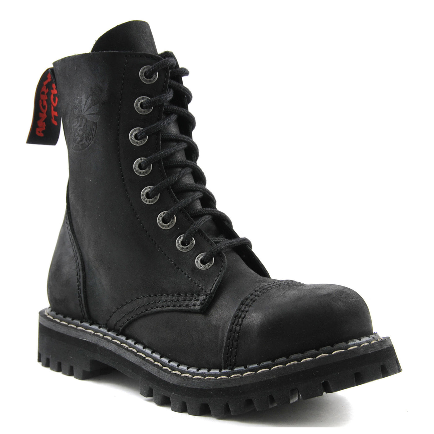 Angry Itch 8 Eyelet Boots with Steel Toe Cap Vintage Black Leather
