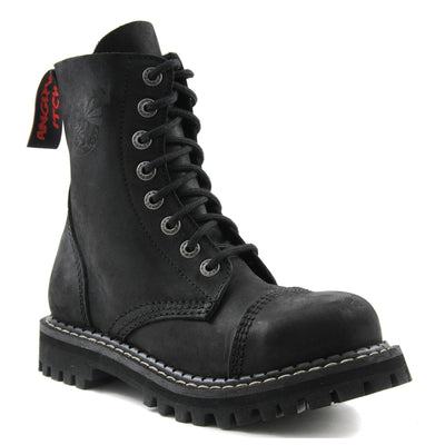 Angry Itch 8 Eyelet Boots with Steel Toe Cap Vintage Black Leather
