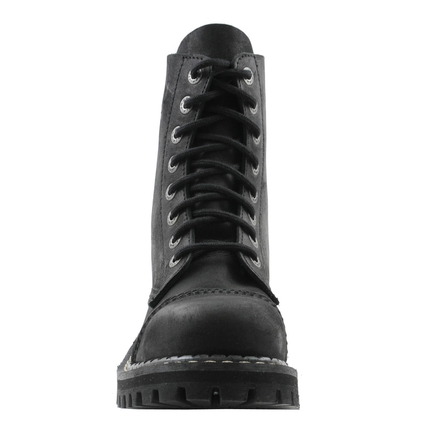 Angry Itch 8 Eyelet Boots with Steel Toe Cap Vintage Black Leather Front