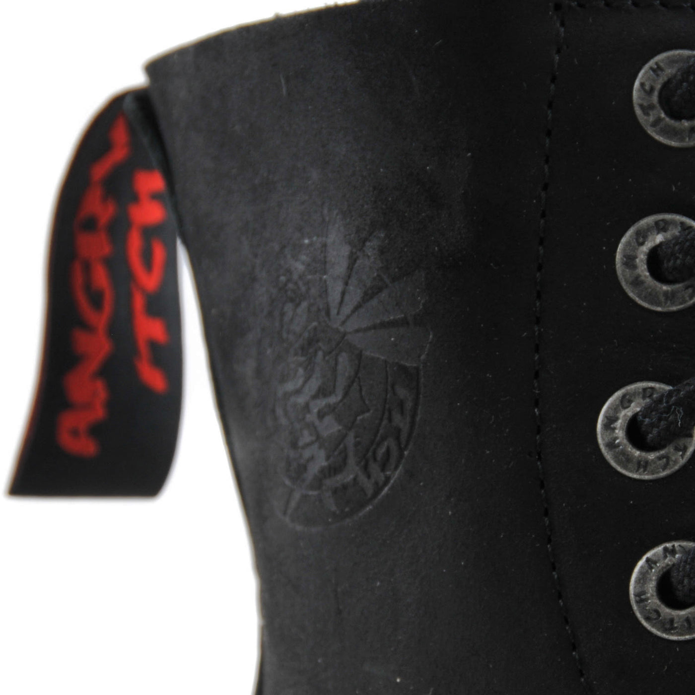 Angry Itch 8 Eyelet Boots with Steel Toe Cap Vintage Black Leather Logo Closeup