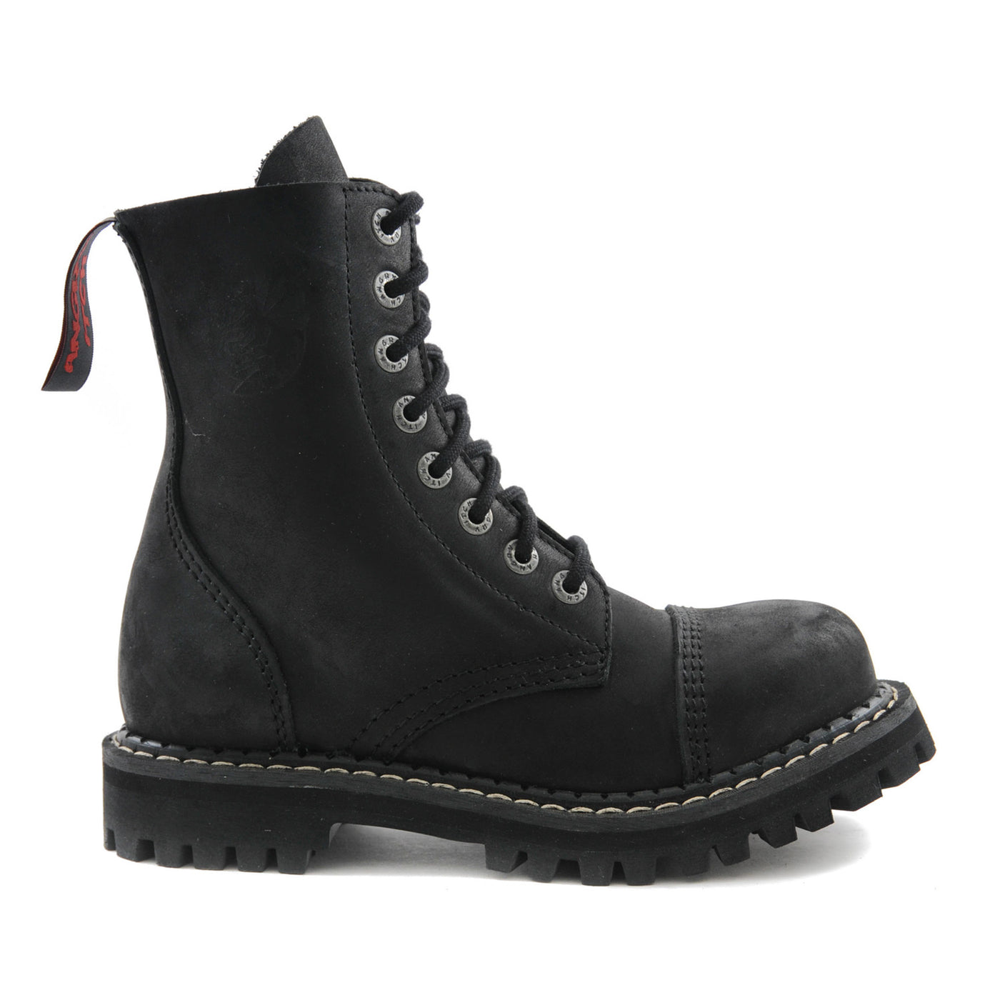 Angry Itch 8 Eyelet Boots with Steel Toe Cap Vintage Black Leather Right Side