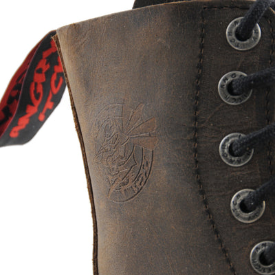 Angry Itch 8 Eyelet Boots with Steel Toe Cap Vintage Brown Leather Logo Closeup