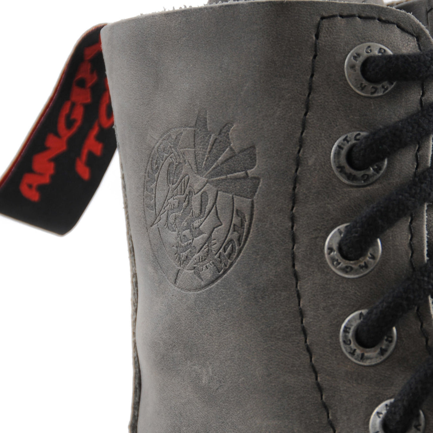 Angry Itch 8 Eyelet Boots with Steel Toe Cap Vintage Grey Leather logo Closeup