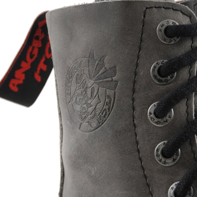 Angry Itch 8 Eyelet Boots with Steel Toe Cap Vintage Grey Leather logo Closeup