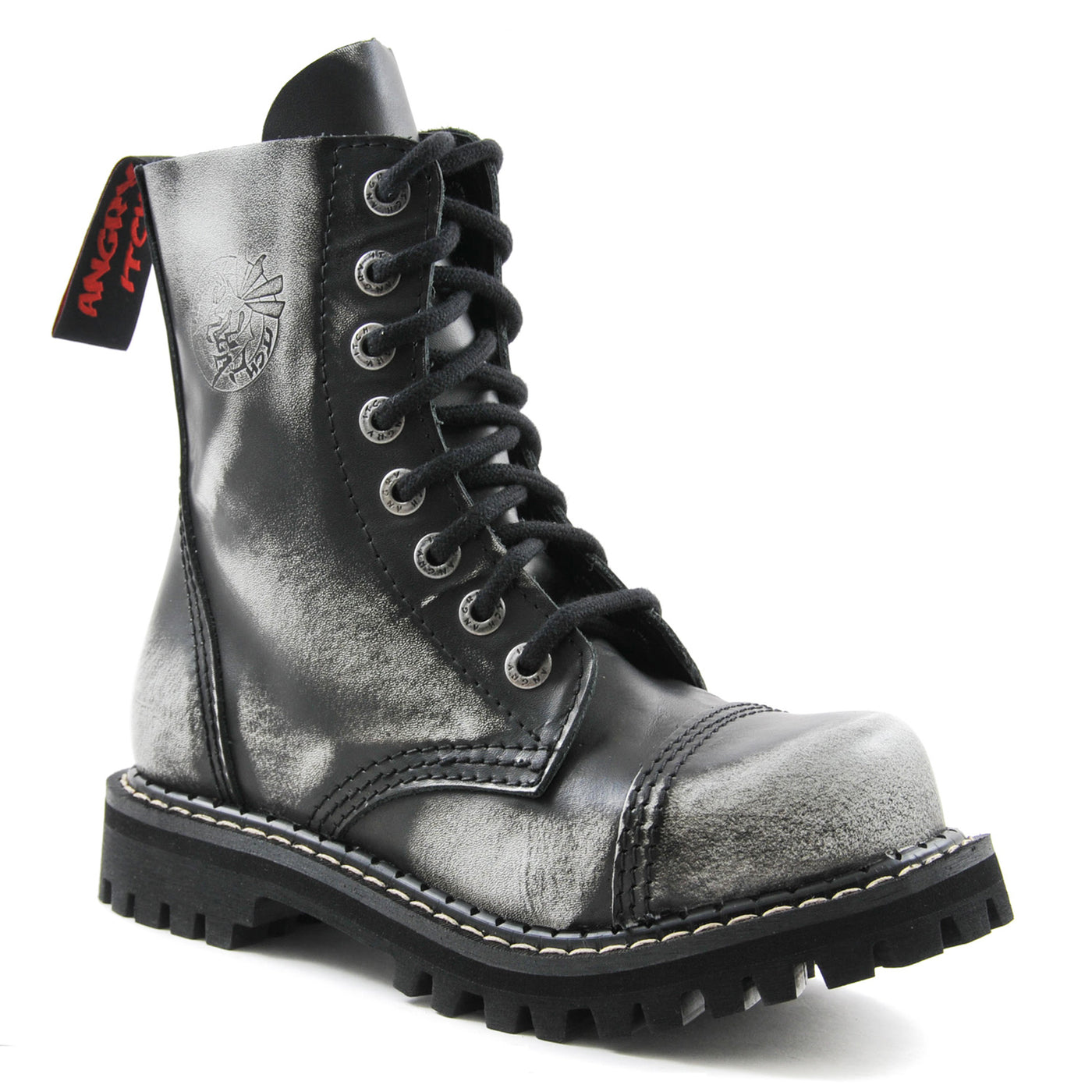 Angry Itch 8 Eyelet Boots with Steel Toe Cap White Rub Off Leather
