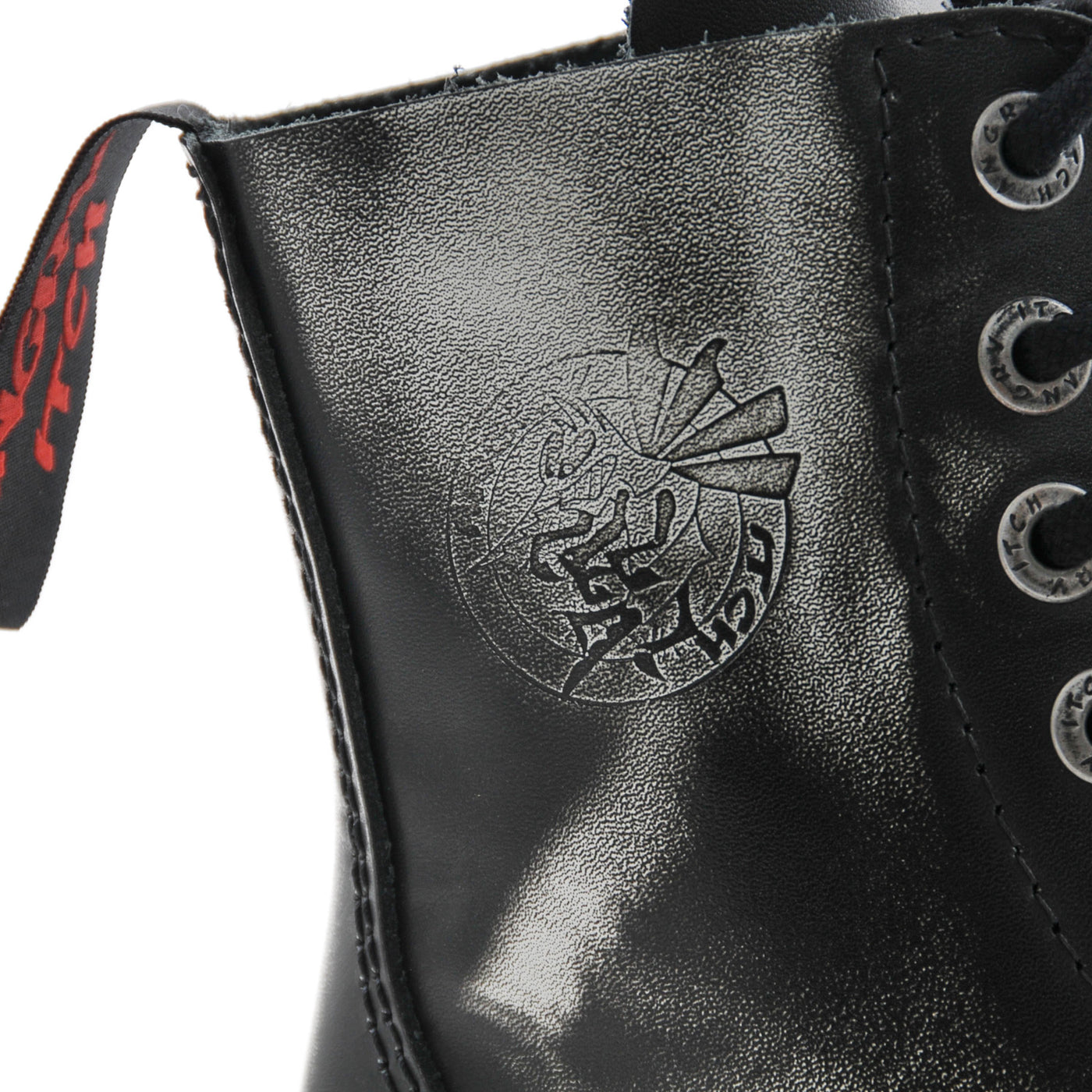 Angry Itch 8 Eyelet Boots with Steel Toe Cap White Rub Off Leather Logo Closeup