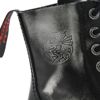 Angry Itch 8 Eyelet Boots with Steel Toe Cap White Rub Off Leather Logo Closeup