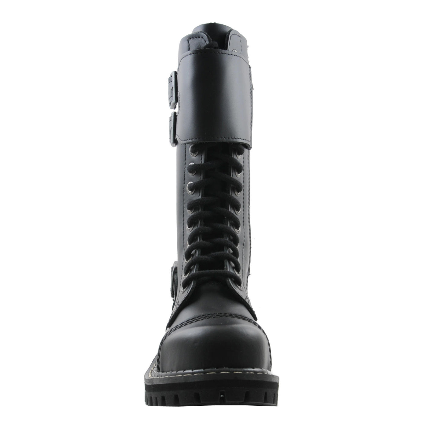 Angry Itch Twin Buckle 14 Hole Combat Ranger Boots with Steel Toe Cap Black Leather Front