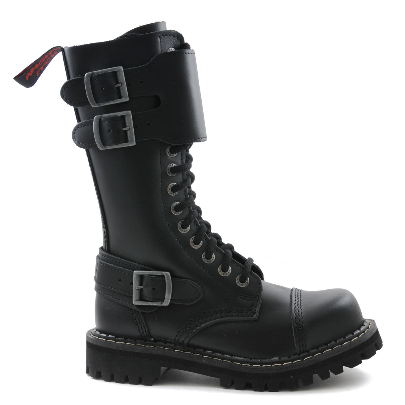 Angry Itch Twin Buckle 14 Hole Combat Ranger Boots with Steel Toe Cap Black Leather right side