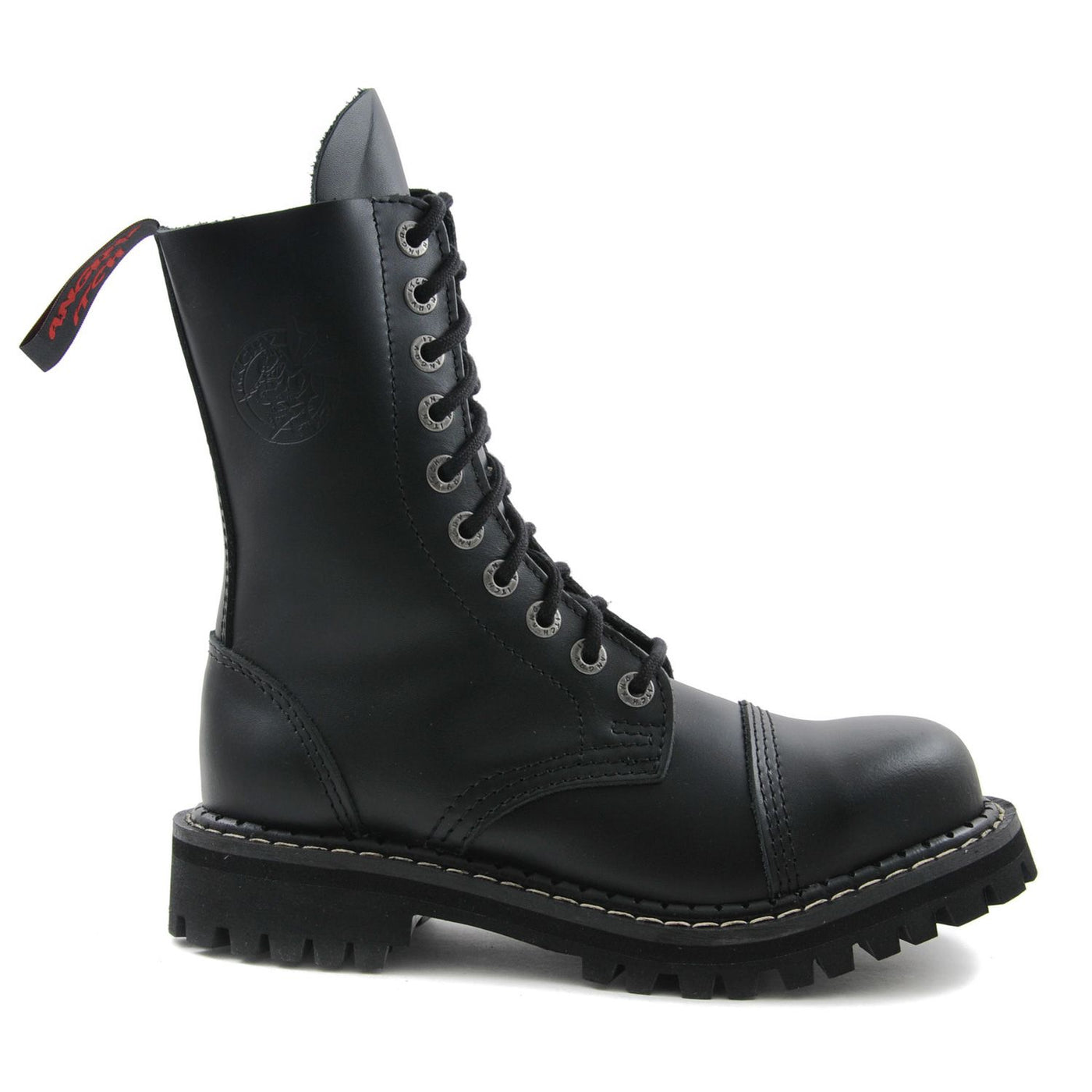 Angry Itch 10 Eyelet Combat Ranger Boots with Steel Toe Cap Black Leather