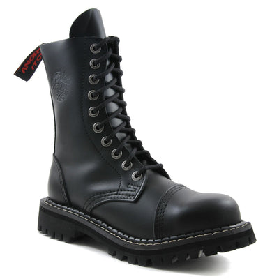 Angry Itch 10 Eyelet Combat Ranger Boots with Steel Toe Cap Black Leather